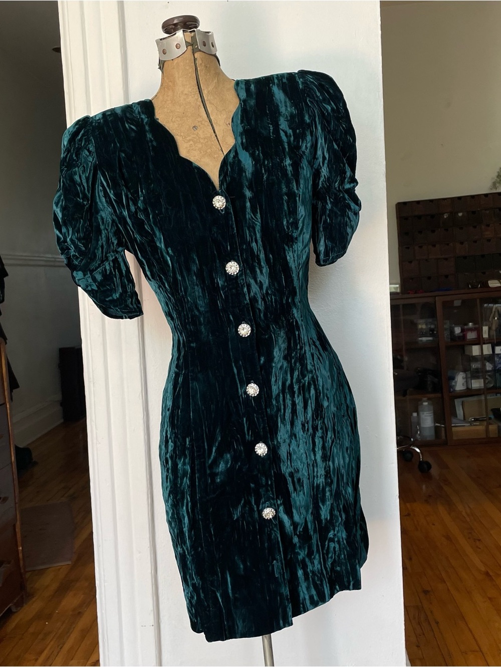 Vintage Velvet Button-Front Mini Dress in Deep Teal